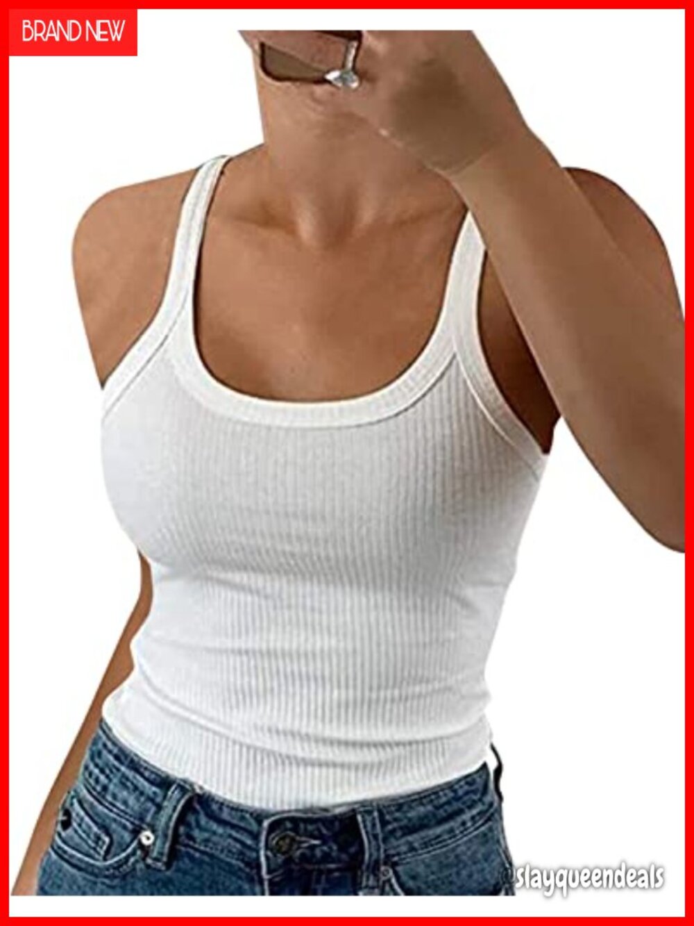 Spaghetti Strap Scoop Neck Ribbed Tank Top Slim Fitted Cotton Camisole